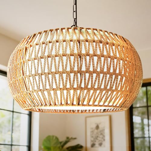 19-Inch Boho Rattan Chandelier with 5 Lights, Farmhouse Pendant Light - Variation of 19 Inch-round-1pc