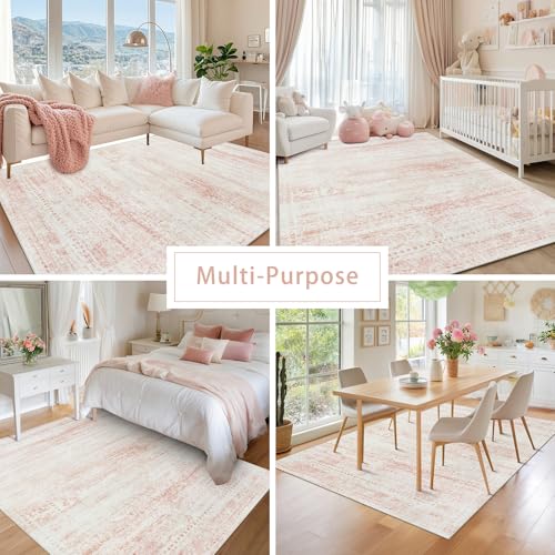 Pink Washable Area Rug 8x10 for Living Room & Bedroom - Non-Slip, Recycled Material, Pink-White Variation