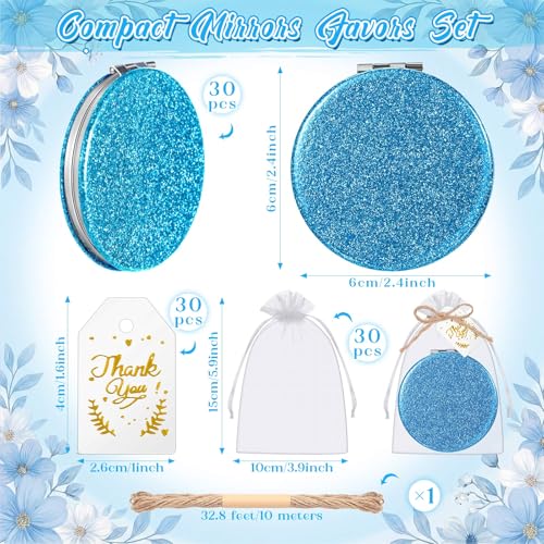 30 Sets Compact Magnifying Mirrors Gift with Thank You Card & Rope Blue