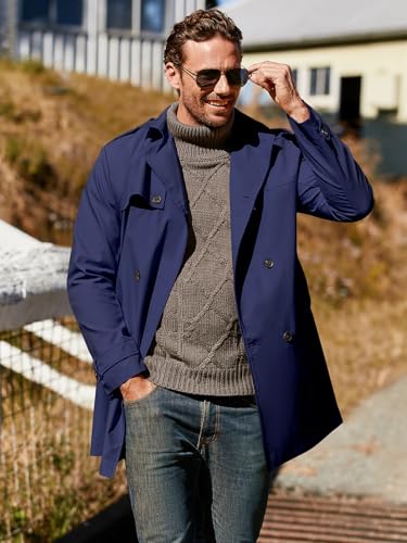Men's Navy Blue Trench Coat Long Windproof Jacket with Belt - Large