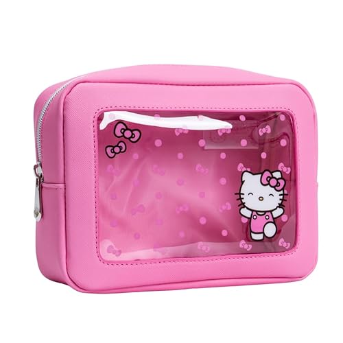 Impressions Vanity Hello Kitty Bows Window Cosmetic Pouch with Artwork, Vinyl Transparent Makeup Pouch with Interior Slip Pocket, Faux Saffiano Leather, and Lined Interior Silver Hardware Makeup Bag