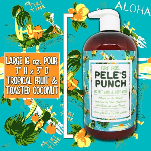 FURY BROS. Tiki Hut Hand & Body Wash Pele¡¯s Punch | Tropical Fruit & Toasted Coconut | Natural Ingredients | Made in USA | Inspired by Tiki Cocktail Recipes | Cruelty-Free | 16 oz