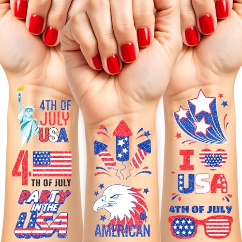 Partywind 60 Pcs Labor Day Decorations, Glitter USA Patriotic Tattoos Sticker, 4th of July Outfits for Women, Red White and Blue Accessories, Memorial Day, Independence Day Party Favors