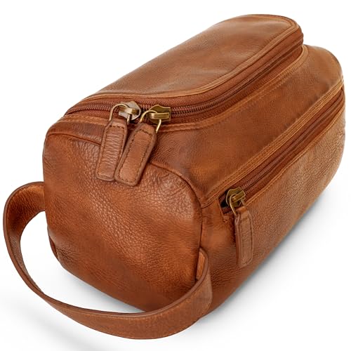 Premium Handmade Leather Toiletry Bags for Men and Women, Genuine Leather Dopp Kit and Shaving Bag for Men, Travel Cosmetic Bag for Women's and Men's, Retro - Cognac
