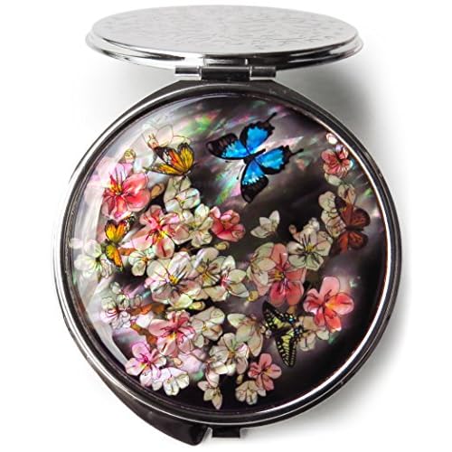 MADDesign Mother of Pearl Makeup Compact Mirror Dual Folding Magnify Apricot Flower Butterfly