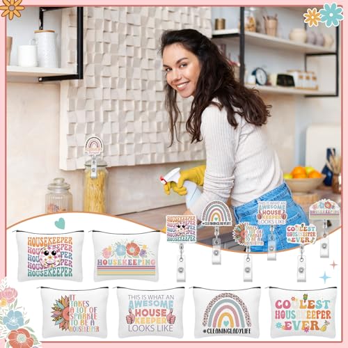 Kacctyen 24 Pcs Christmas Housekeeping Gifts Bulk 12 Thanksgiving Makeup Bag 12 Retractable Badge Reels Housekeeping Appreciation Gift for Housekeeper Cleaner Staff Team Employee Coworker Custodian