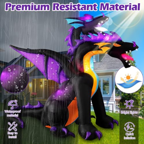 7FT Halloween Inflatable Dragon Decoration - Purple Two-Headed Outdoor Blowup