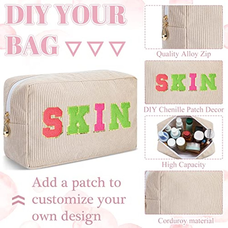 Amylove 12 Pcs Corduroy Makeup Bag Large Capacity Preppy Cosmetic Bag Bulk DIY Daily Use Plain Portable Makeup Pouch Travel Purse Organizer Storage for Women Xmas Gift(Beige Pink)