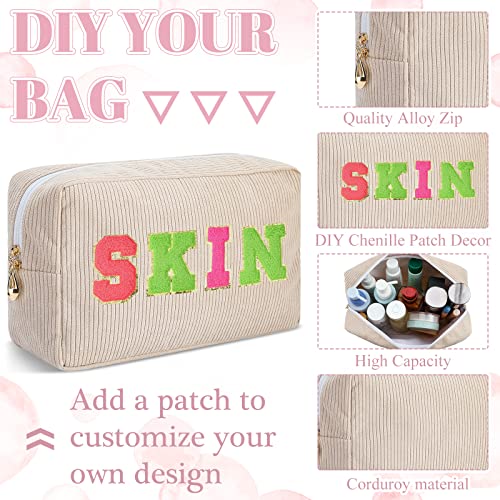Amylove 12 Pcs Corduroy Makeup Bag Large Capacity Preppy Cosmetic Bag Bulk DIY Daily Use Plain Portable Makeup Pouch Travel Purse Organizer Storage for Women Xmas Gift(Beige Pink)