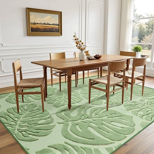 Sage Green Monstera Area Rug 6x9 High-Low Plush Washable Non-Slip Floor Covering