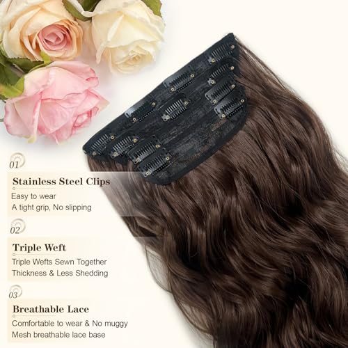22 Inch Wavy Clip-In Hair Extensions Set - Synthetic, Heat-Resistant, 4PCS, Natural Look
