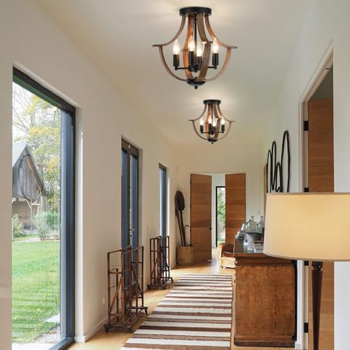 Dark Wood Grain 4-Light Farmhouse Pendant Light Fixture - Rustic Ceiling Chandelier