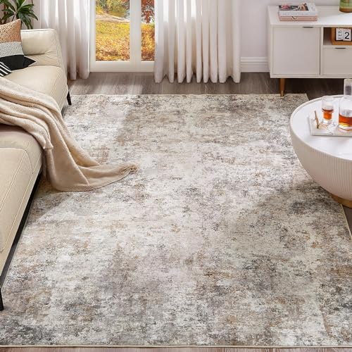7x9 Area Rug - Washable Neutral Abstract Living Room Carpet - Brown Grey