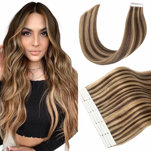 Tape-In Hair Extensions Human Hair 20pcs 22 Inch Chocolate Brown & Caramel Blonde