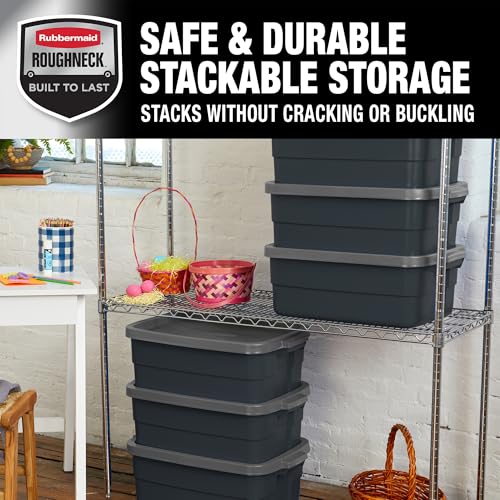 Rubbermaid 10 Gal 6 Pack Totes with Lids - Heavy Duty Stackable Storage Bins, Black/Gray