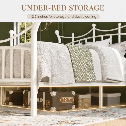 Queen Size Metal Bed Frame with Crown Design - White, Victorian Style, No Box Spring Needed, Sturdy Steel Support, Under-Bed Storage