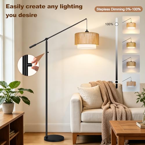 Yemela Boho Matte Black Dimmable Floor Lamp with Rattan & Fabric Shades, Adjustable Swing Arm, Tall Farmhouse Standing Lamp for Living Room & Bedroom