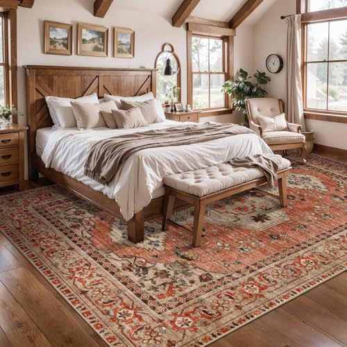 Tangsoo Boho 5x7 Washable Area Rug - Non Slip Indoor Vintage Carpet - Terracotta/Tan