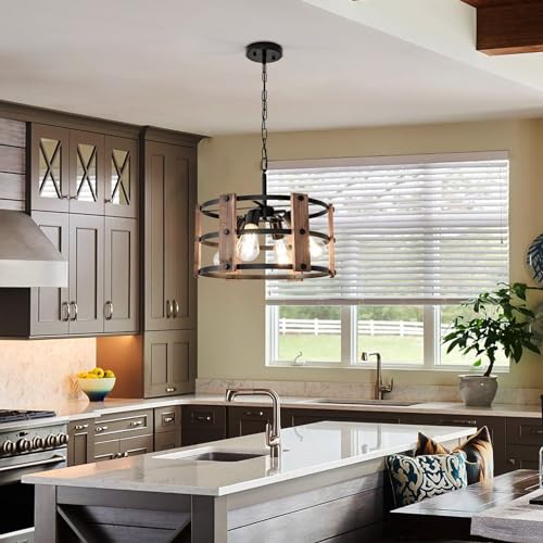 Brown Wood Farmhouse Chandelier - 15-Inch Rustic Wooden Pendant Light Fixture for Dining & Entryway