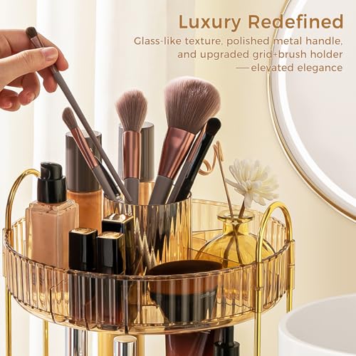 360¡Æ Rotating Makeup Organizer, Upgraded 3 Tier Skincare Perfume Organizers for Women, Bathroom Organizer Countertop, Clear Cosmetic Dresser Organizer with Makeup Brush Holder, Sink&Counter(Amber)