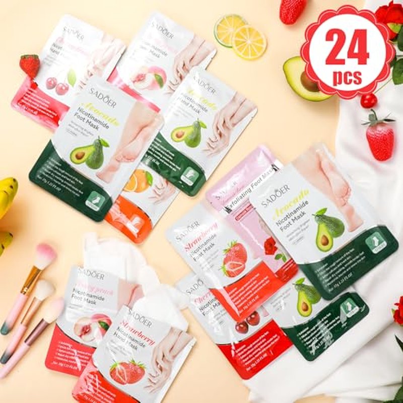 24 Pcs Fruits Beauty Hand Foot Mask Bulk Hydrating Hand Foot Moisturizing Gloves Shea Butter Aloe Mask for Spa Kit Beauty Skincare Galentines Day Gift for Women