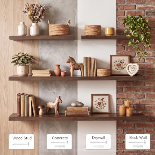 Acovy Walnut Floating Shelves Set of 2 48x8in Wall Mount Display Shelf Modern Design