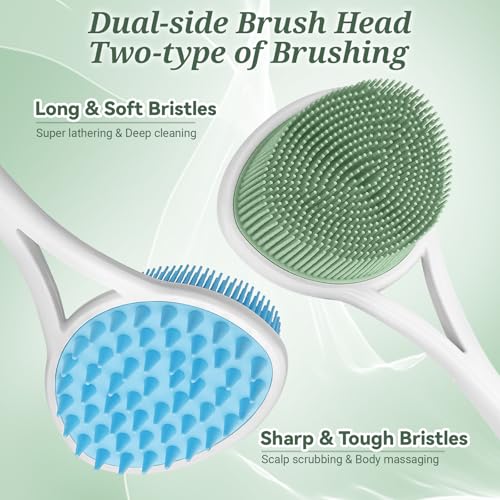 Silicone Back & Face Scrubber Set, 15.35¡¯¡¯ Soft Back Scrubber for Shower with Dual-Side Brush Head, Gentle Silicone Facial Scrubber Face Brush for Deep Lathering & Cleansing(Green-2PCS)