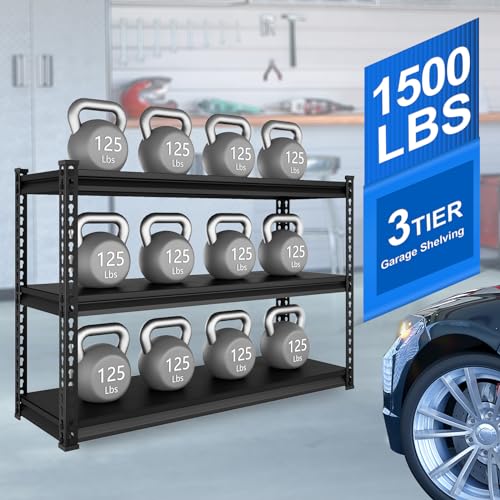 48-Inch Heavy Duty Garage Shelving Unit - Black, 1500LBS Load Capacity, Adjustable 3-Tier Metal Storage Rack