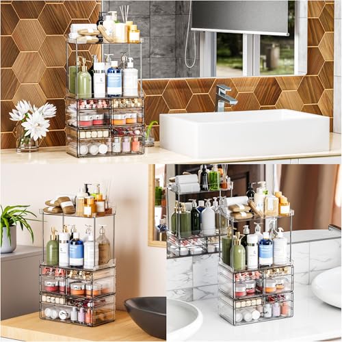 7-Drawer Bathroom & Vanity Organizer with Top Tray - Clear, Stackable, 18.9" Tall