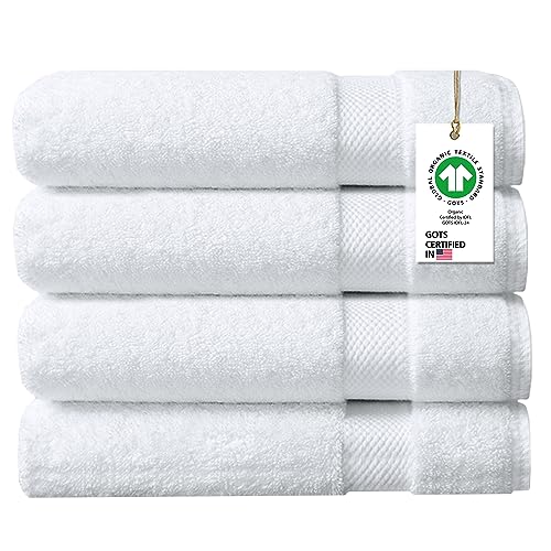 White Organic Cotton Bath Towels Set - 4 Pieces, 650 GSM Plush Quick Dry