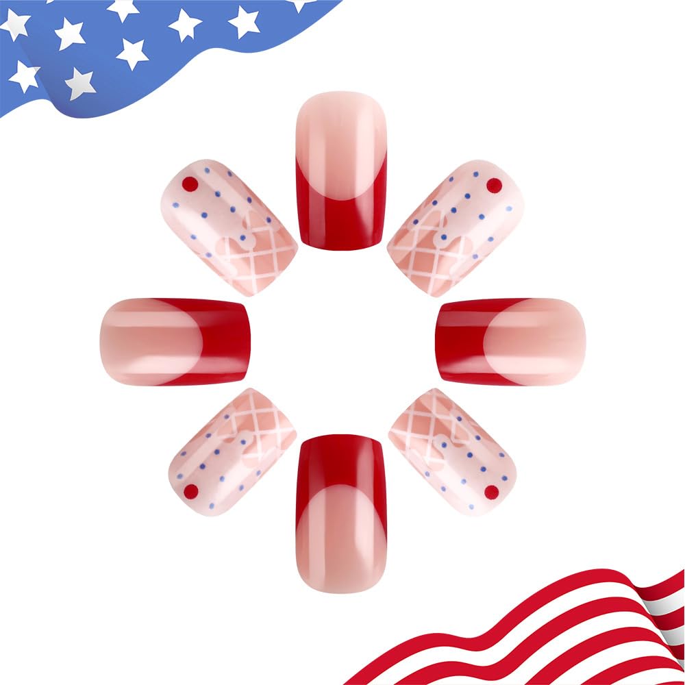 24 Pcs 4th of July Press On Nails Short Square,YEFIUO Pink Fake Nails Press ons Red French Nail Art Tips Acrylic Nail Kit Glue on Nails Full Cover False Nails with Independence Day Design for Ma'am