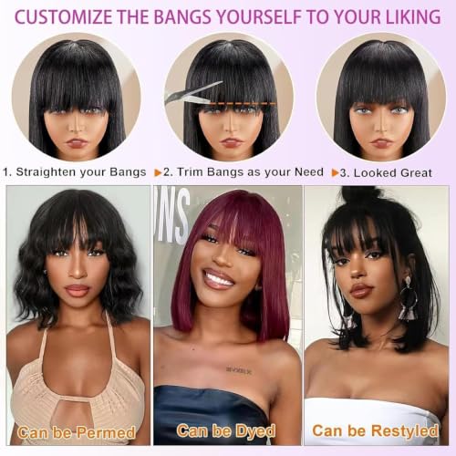 Black 10-Inch Human Hair Bob Wig with Bangs, Glueless Lace Cap, Straight Style - Variation of This Listing