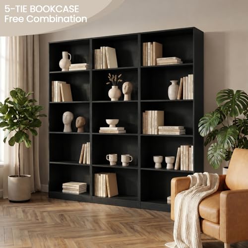 5-Tier Open Cube Bookshelf - Heavy-Duty Melamine Shelving, 71in tall, Anti-Tipping