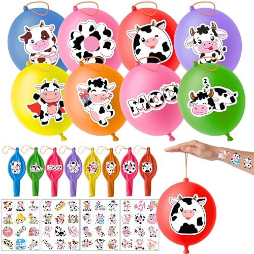 72 PCS Cow Party Favors ? 48 Pre-Cut Temporary Tattoos & 24 Cow Punch Balloons Themed Birthday Party Decorations Supplies Favors Gifts, Goodie Bag Fillers, Classroom Rewards