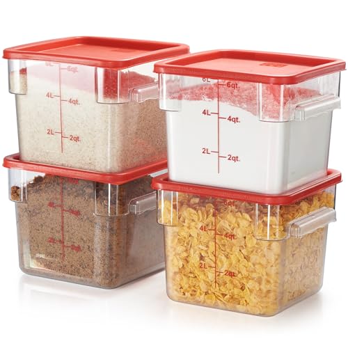 CURTA 6.0 Qt 4-Pack Food Storage Containers with Red Lids, NSF Commercial Grade, Square & Clear