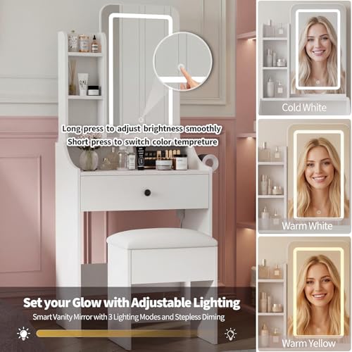 Small Vanity Desk with LED Lighted Makeup Mirror & Storage Bench