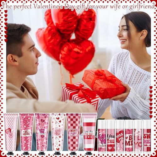 Loopeer 36 Sets Valentine's Day Hand Cream Lip Balm Gifts Bulk Galentine's Day Gift Valentine Party Favor Moisturizing Heart Hand Lotion Bulk Mini Dry Cracked Care Cream for Women Teacher Coworker
