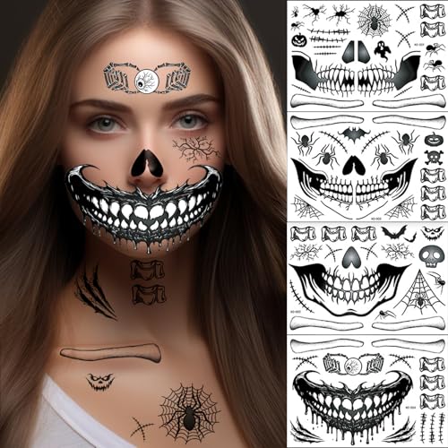 4 Sheets Scary Halloween Face Skull Decals Temporary Tattoos For Men Women Horror Skeleton Mouth Sticker Spider Web Fool's Day Zombie Bat Scar Makeup Kit for Kids Adults(KC4)