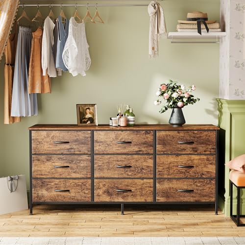 Huuger 9-Drawer Dresser with TV Stand, Rustic Brown, 47 Inch Storage Chest