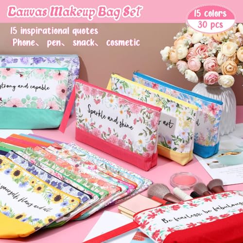 Silkfly 15 Pcs Flower Canvas Makeup Bags Bulk 10.2 x 5.5 x 2 Inches Inspirational Canvas Cosmetic Bag Spring Travel Toiletry Pouch with Zipper Inspirational Gifts for Women