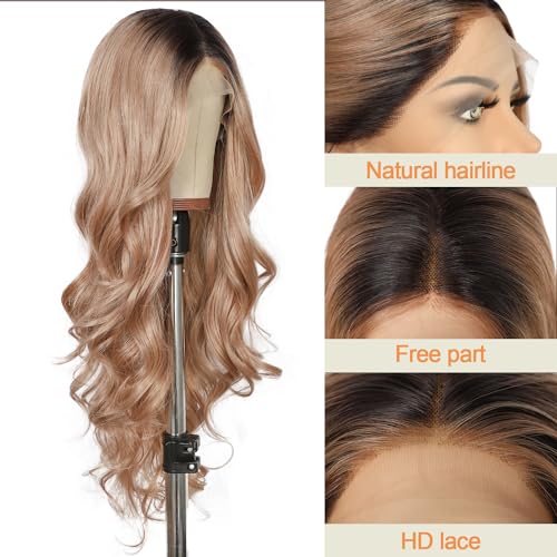 Pink Lace Front Wig for Women - Long Body Wave Ombre Khaki Pink, 26 Inches, Glueless Synthetic Hair