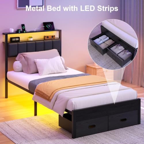 Twin Bed Frame with Storage Drawers, LED Lights & Charging Station