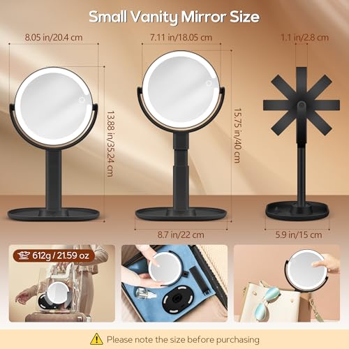 Black Double-Sided Lighted Makeup Mirror 30X Magnification - Rechargeable