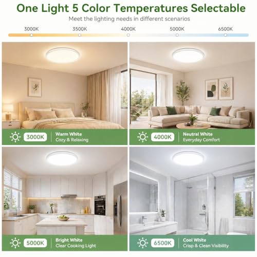 White 12-Inch LED Ceiling Light Fixture 24W 3200 Lumens 5 CCT Adjustable - 6 Pack