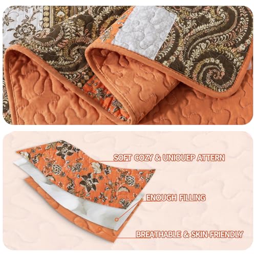Dreamland Orange King Quilt Set 98x106in - 100% Cotton Farmhouse Bedspread