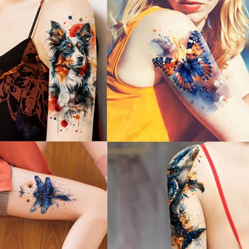 GLARYYEARS Temporary Tattoos for Women, 24-Pack Large Fake Tattoos, Long-lasting Animal Tattoos, Butterfly Flower Dragonfly Design Variety Pack Realistic Tattoos 3D, Sexy on Half Arm Leg Back Body