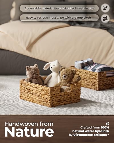 Water Hyacinth Storage Baskets Set of 6 - Natural Woven Bin with Handles, Rectangular Variation