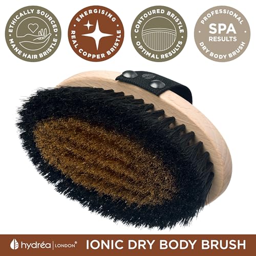 Hydrea London Ionic Copper Glow Dry Body Brush ? Skin Exfoliating & Energising Copper Bristle, Lymphatic Drainage, Dry Massage