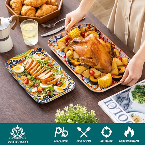 Colorful Serving Platters Set of 3 - Rectangular Ceramic Trays for Dining