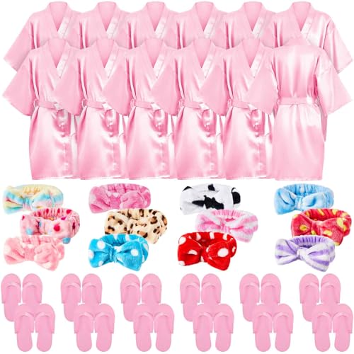 Xuhal 36 Pcs Spa Party Supplies Set for Girls - Pink 12 Robes Headbands & Slippers